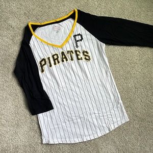 Women's Pittsburgh Pirates Black and White Stripe 3/4 Sleeve Tee